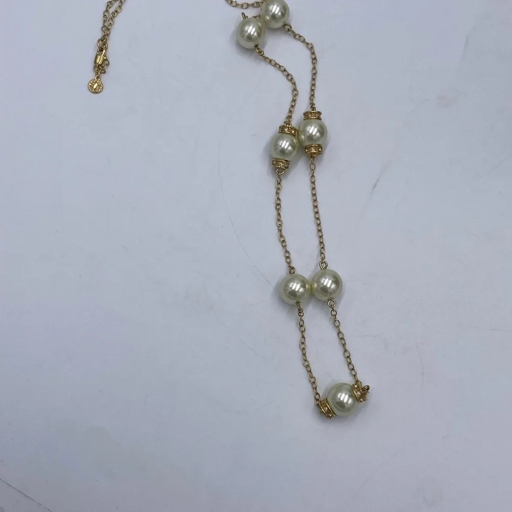 J. Crew Faux‎ Pearl and Rhinestone Necklace Long Strand Necklace Gold Tone